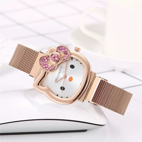 Hello Kitty Watch Rose Gold Tone Kitty Face Pink Bow w/ Crystals Mesh Band NEW - Picture 1 of 3